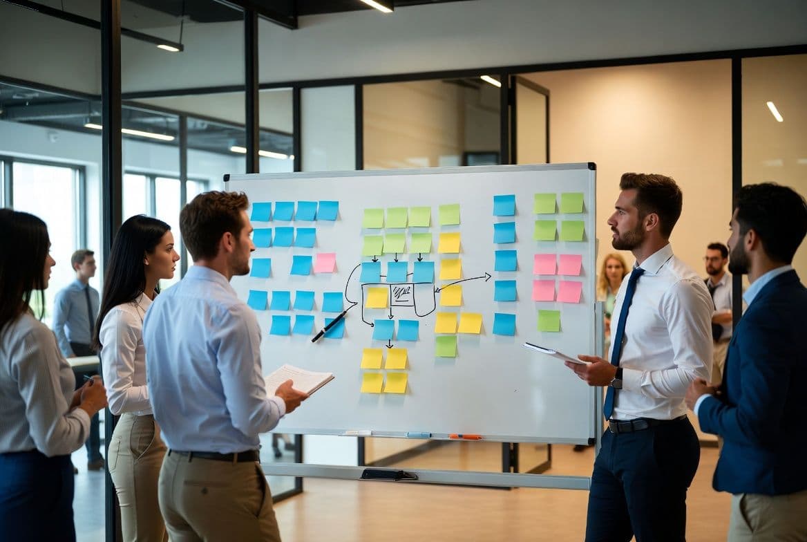 Team bij whiteboard tijdens facilitatie workshop